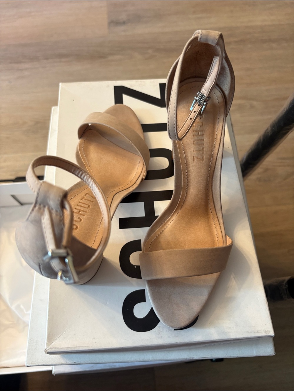 SCHUTZ Beige/Tan Single-Band Ankle-Strap Heels 85